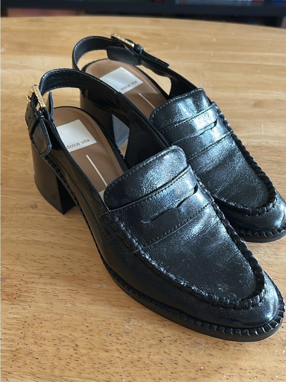 Dolce Vita Black Leather Slingback Penny Loafer Heels